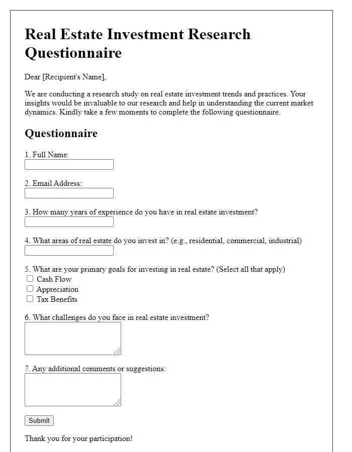 Letter template of real estate investment research questionnaire