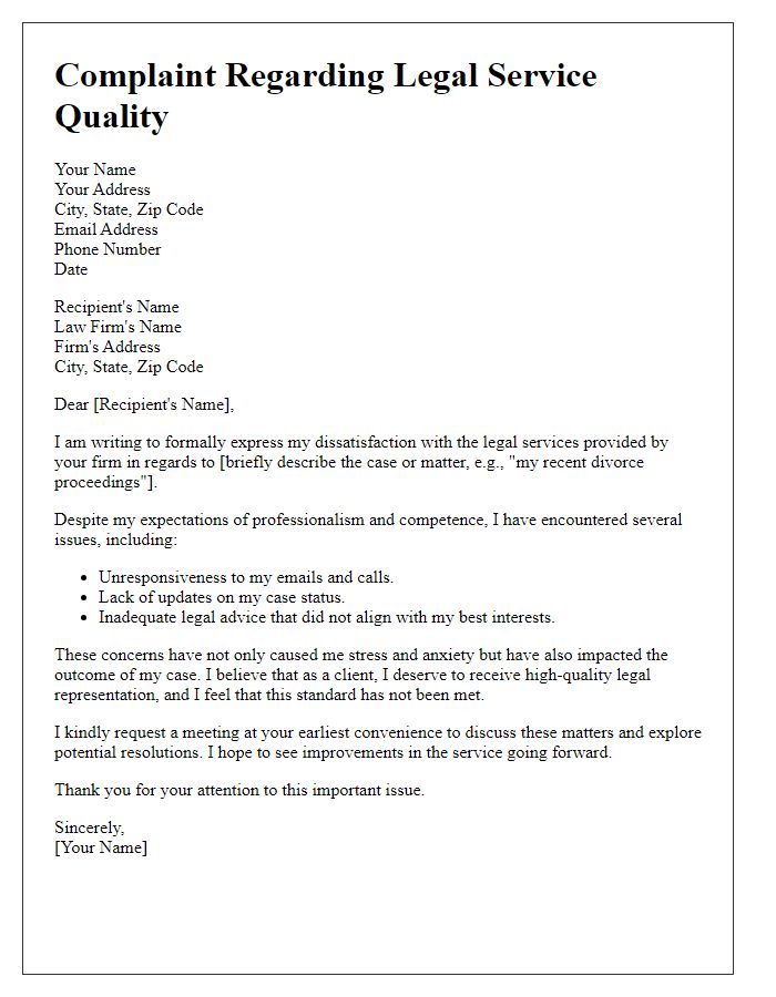 Letter template of complaint regarding legal service quality.