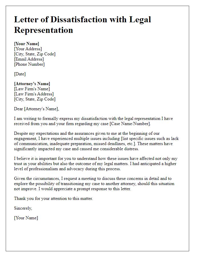 Letter template of dissatisfaction with legal representation.