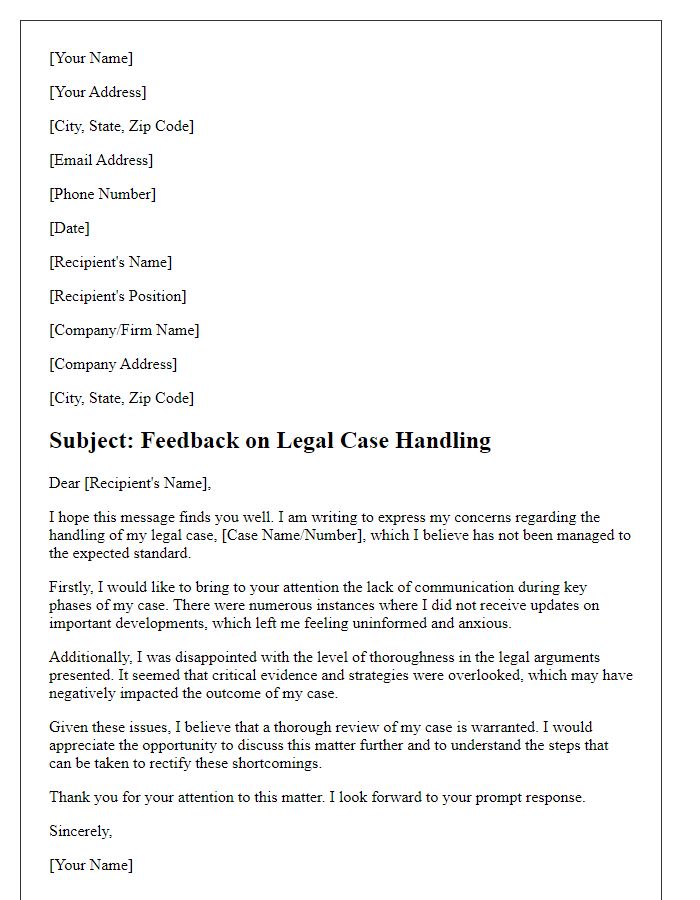 Letter template of feedback on unsatisfactory legal case handling.