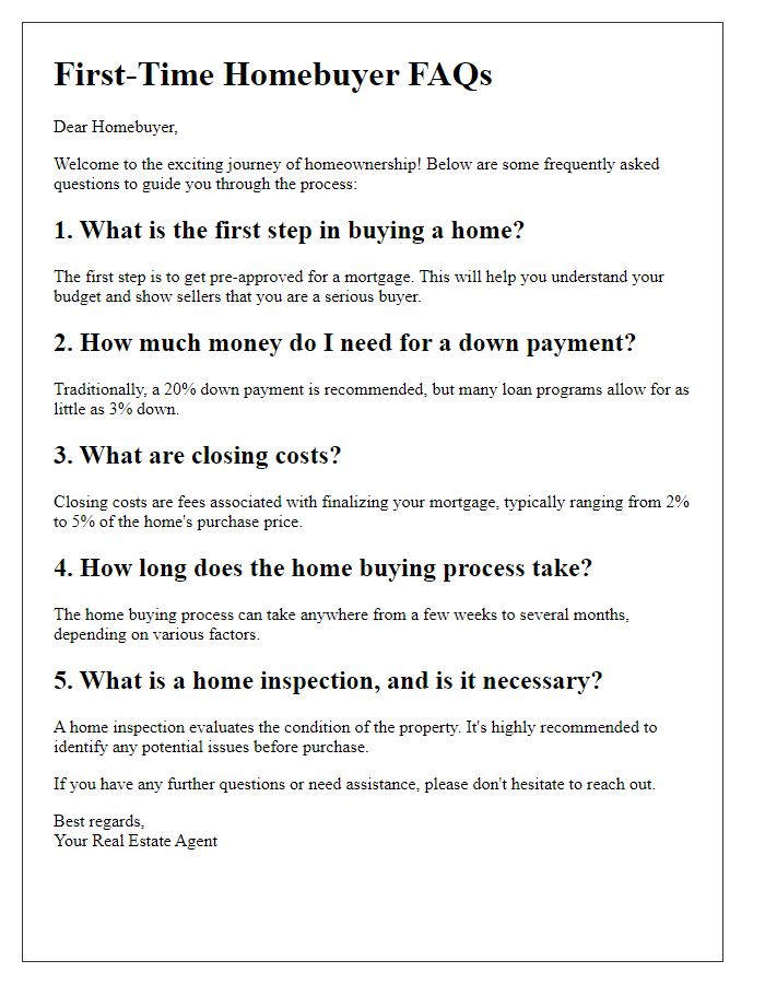 Letter template of first-time homebuyer FAQs