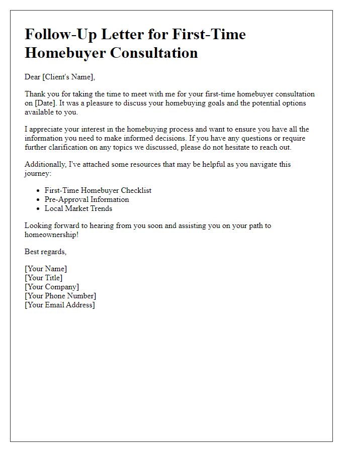 Letter template of follow-up for first-time homebuyer consultation