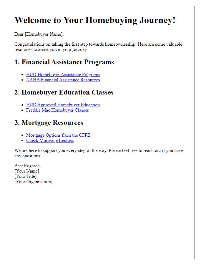 Letter template of resources for first-time homebuyers