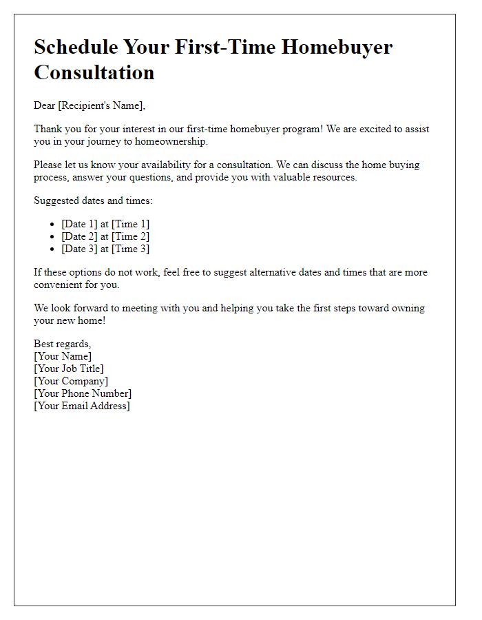 Letter template of scheduling your first-time homebuyer consultation