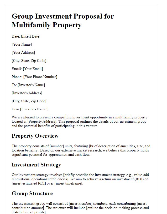 Letter template of group investment proposal for multifamily property.