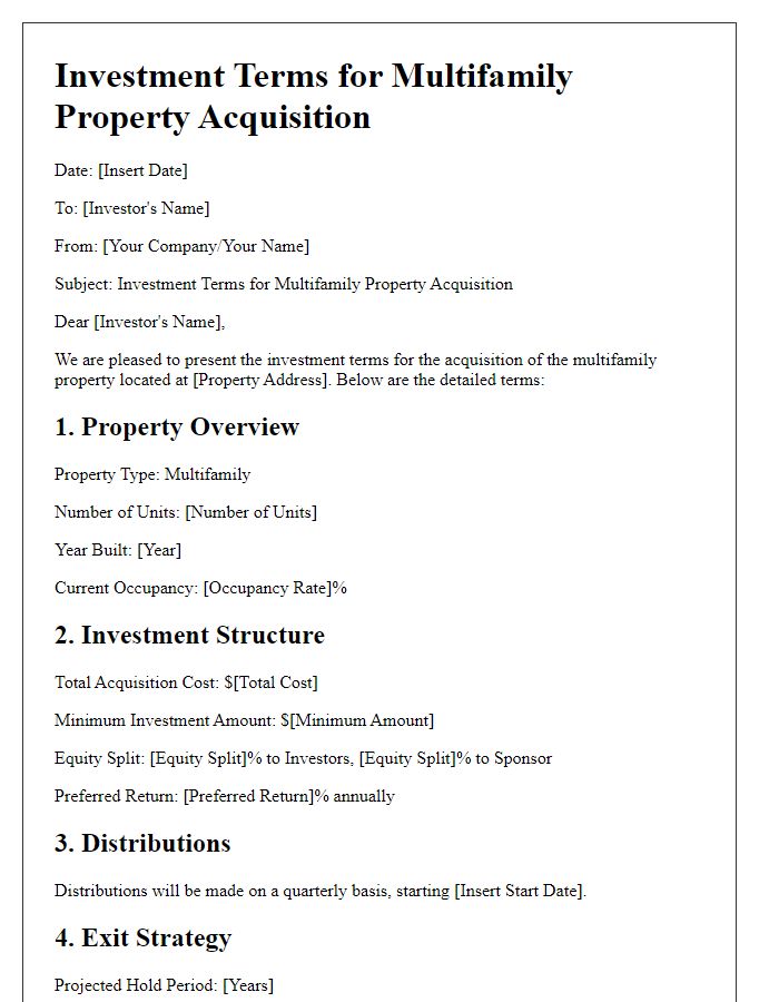 Letter template of investment terms for multifamily property acquisition.