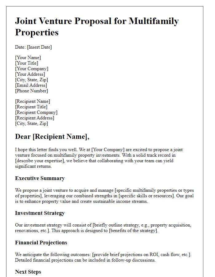 Letter template of joint venture proposal for multifamily properties.