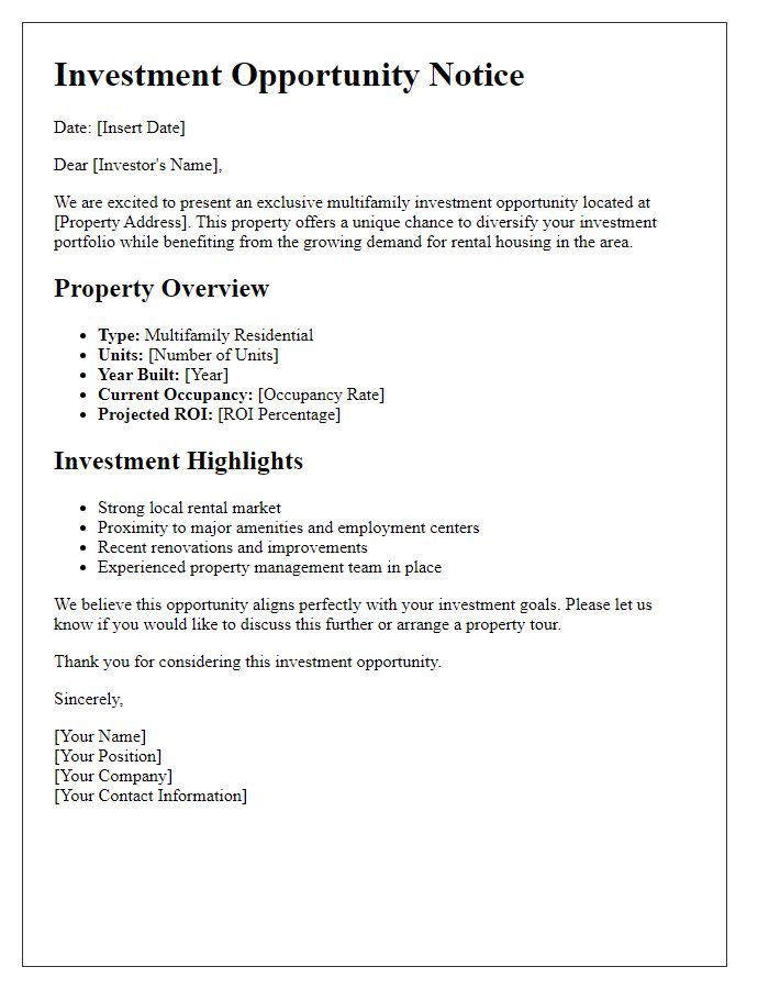 Letter template of multifamily investment opportunity notice.