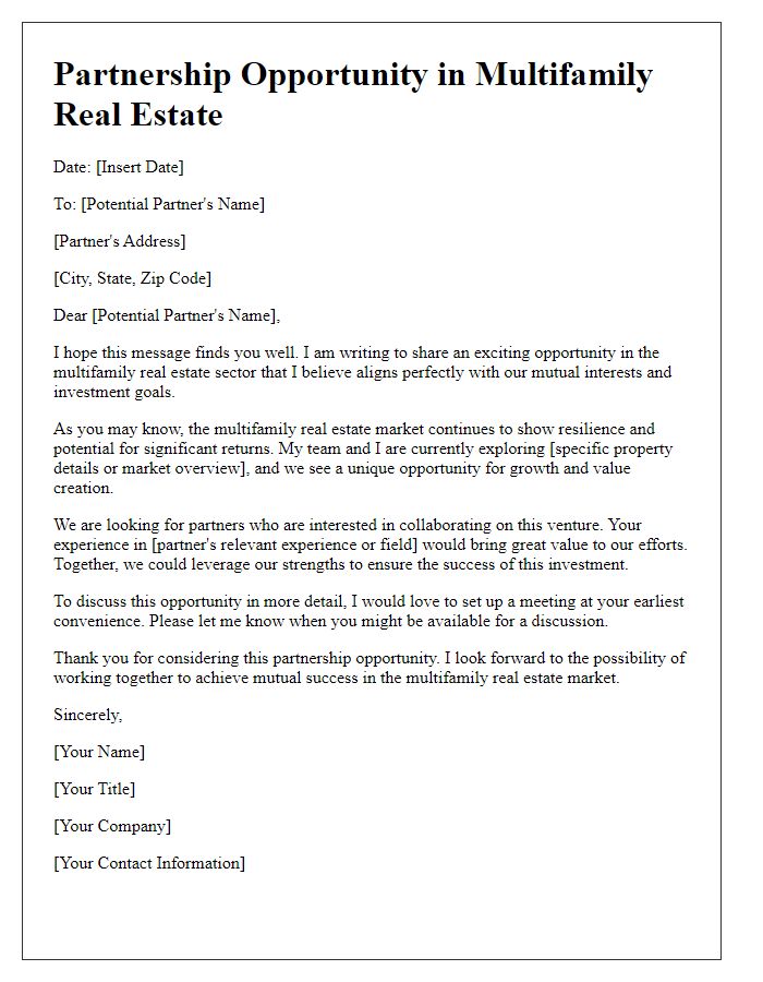 Letter template of partnership opportunity in multifamily real estate.