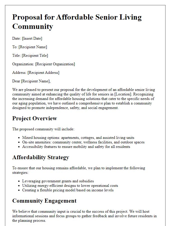 Letter template of retirement community housing proposal for affordable senior living.