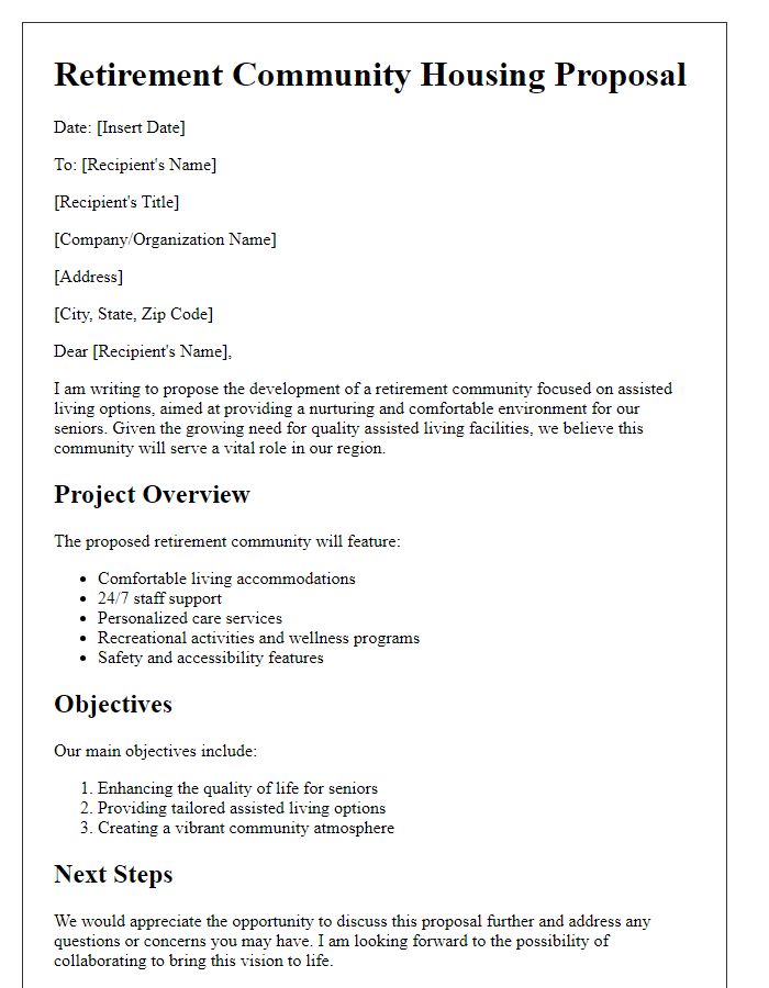 Letter template of retirement community housing proposal for assisted living options.