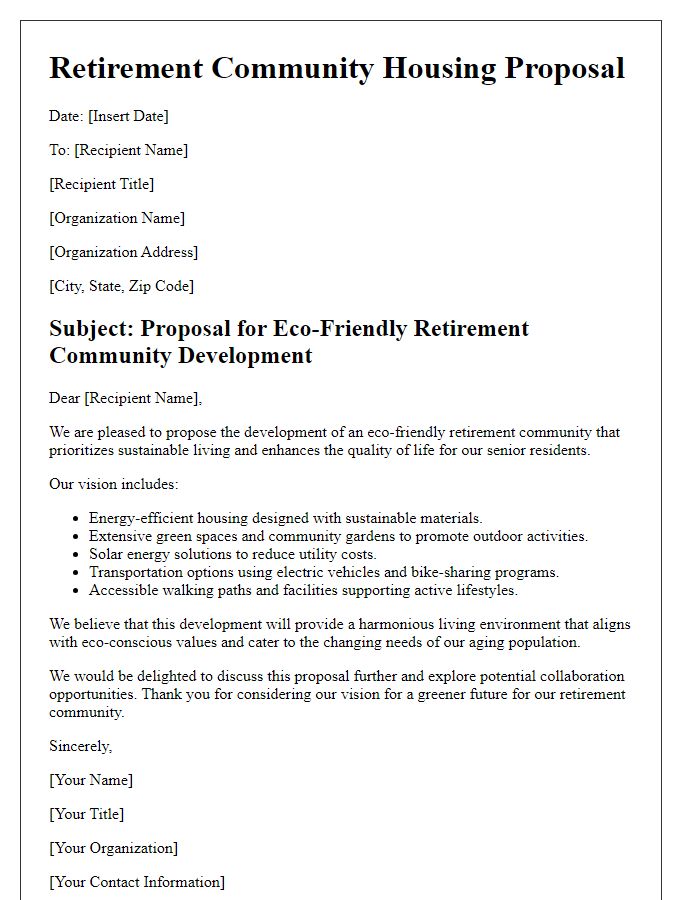 Letter template of retirement community housing proposal for eco-friendly developments.