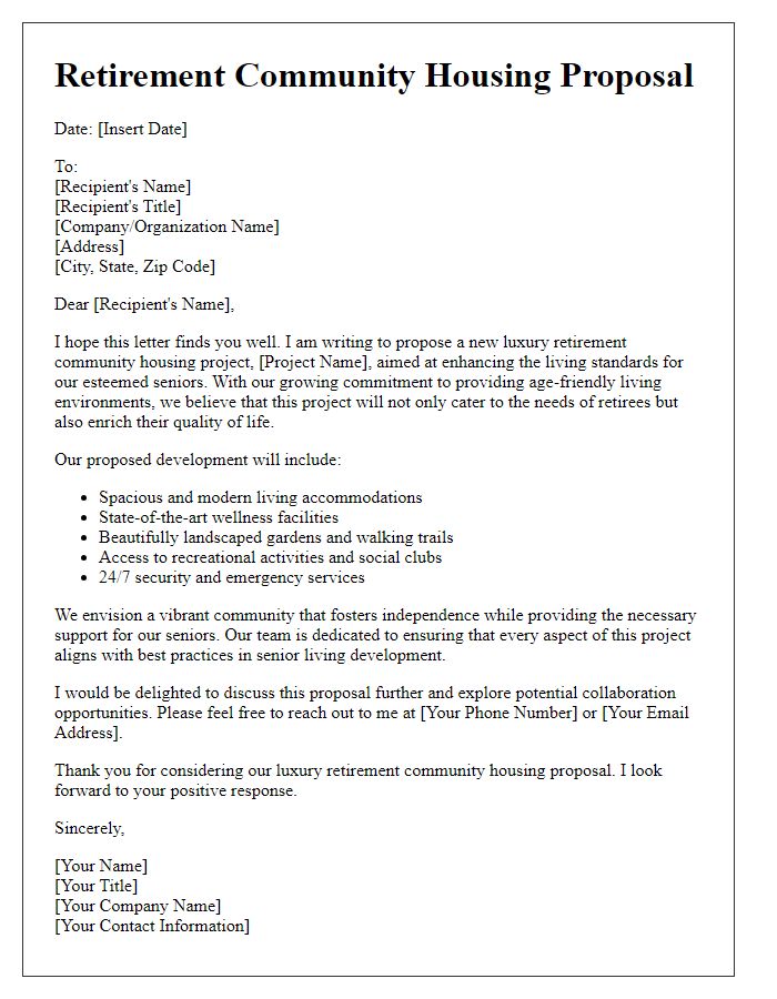 Letter template of retirement community housing proposal for luxury retirement estates.