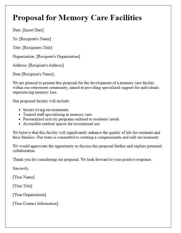 Letter template of retirement community housing proposal for memory care facilities.