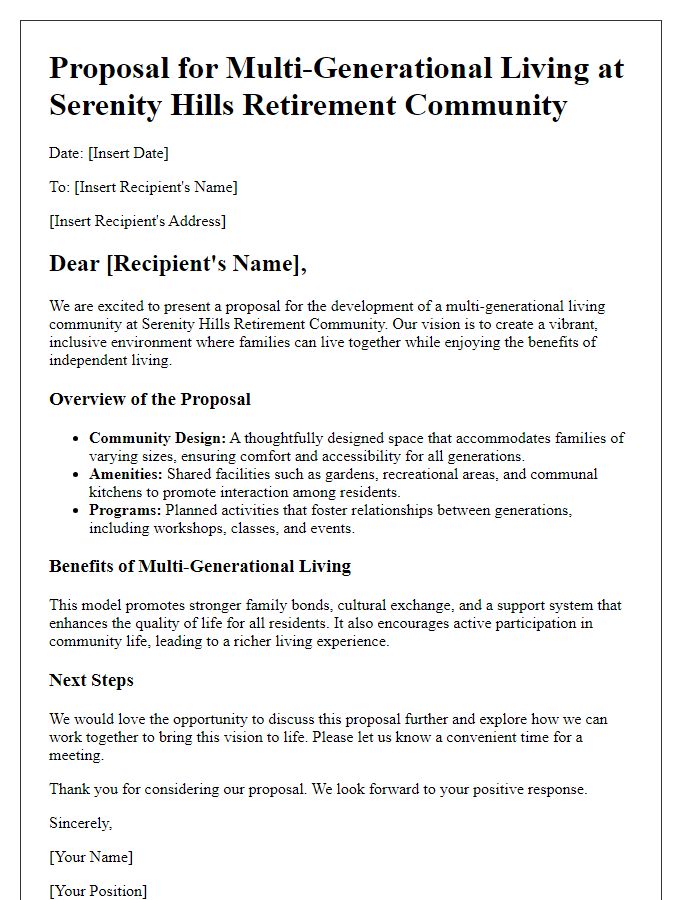 Letter template of retirement community housing proposal for multi-generational living.