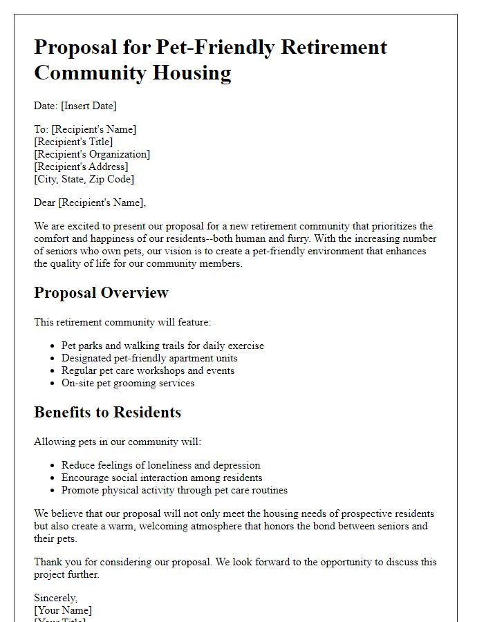 Letter template of retirement community housing proposal for pet-friendly communities.