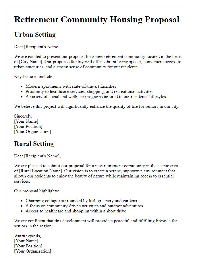 Letter template of retirement community housing proposal for urban vs. rural settings.