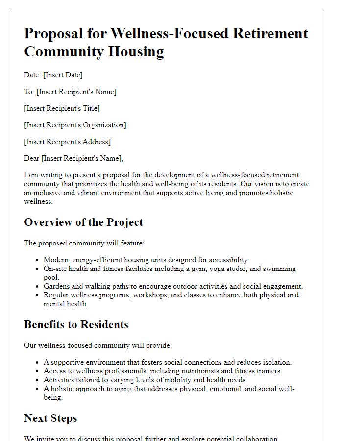 Letter template of retirement community housing proposal for wellness-focused environments.