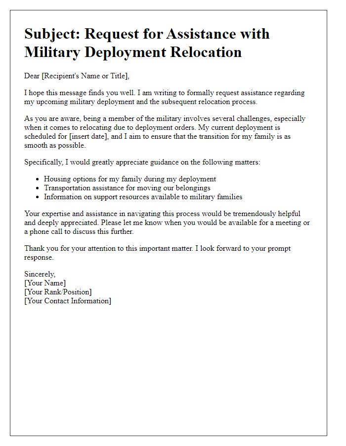 Letter template of military deployment relocation help