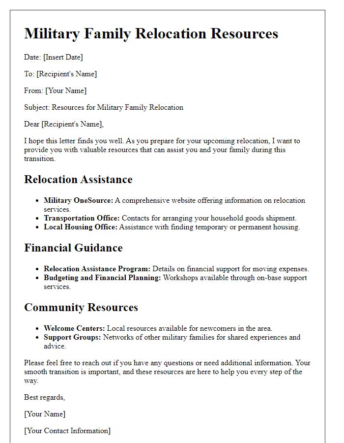 Letter template of military family relocation resources