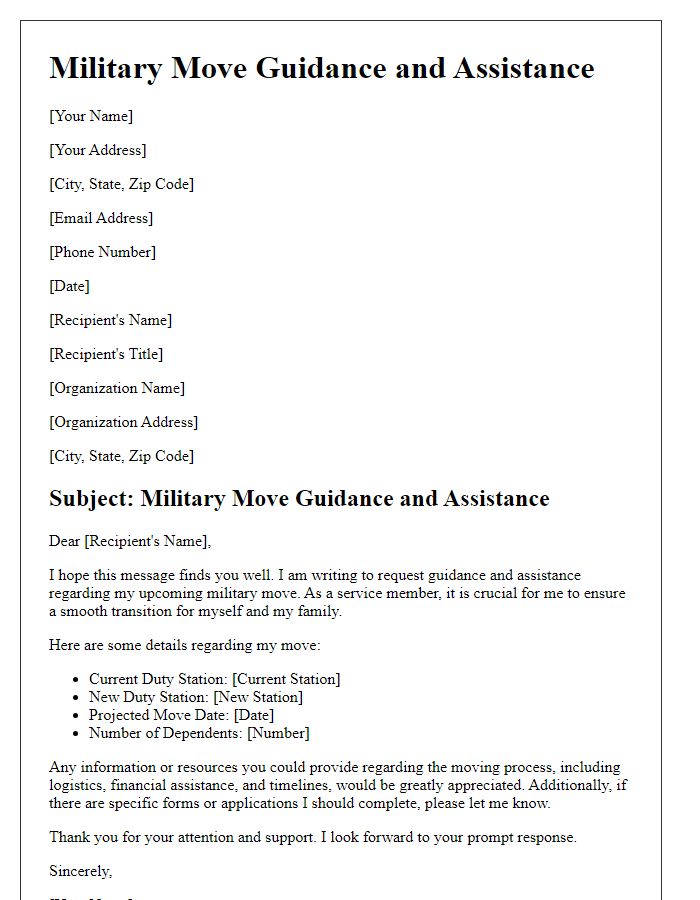 Letter template of military move guidance and assistance