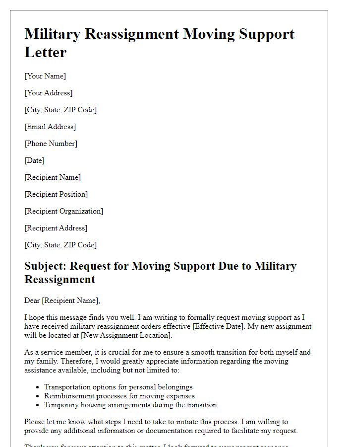 Letter template of military reassignment moving support