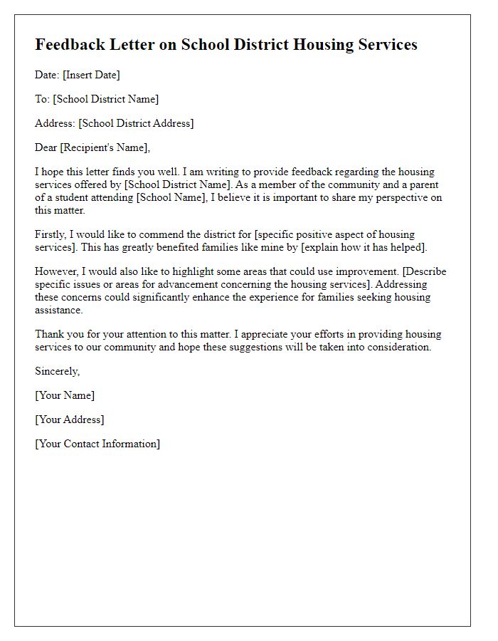 Letter template of feedback on school district housing services