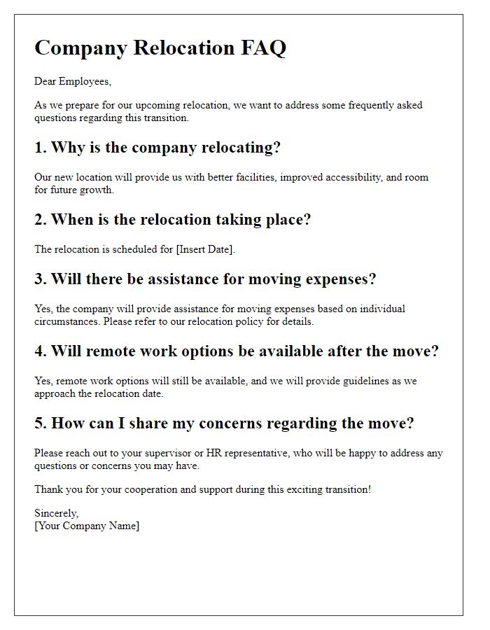 Letter template of company relocation FAQ for employees