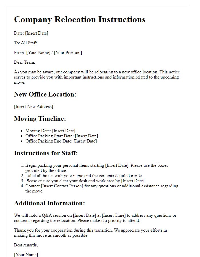 Letter template of company relocation instructions for staff