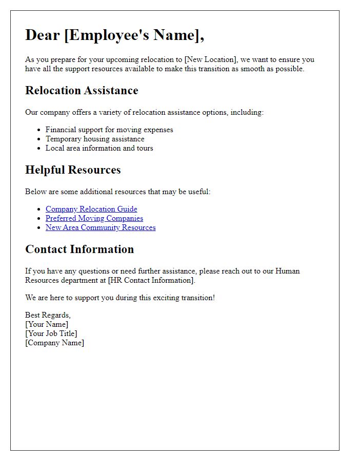 Letter template of company relocation support resources for employees