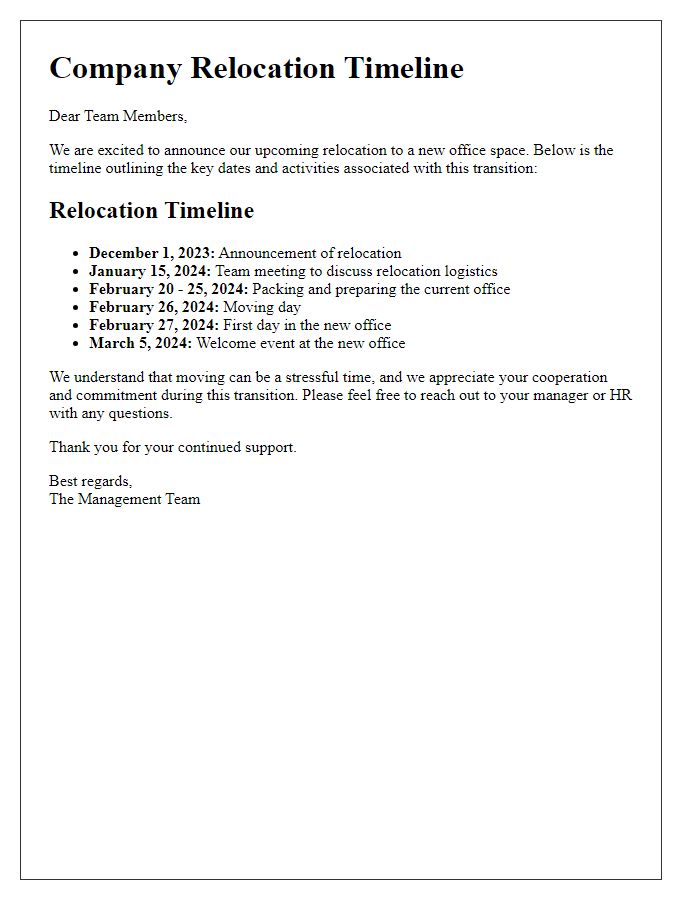 Letter template of company relocation timeline for team members