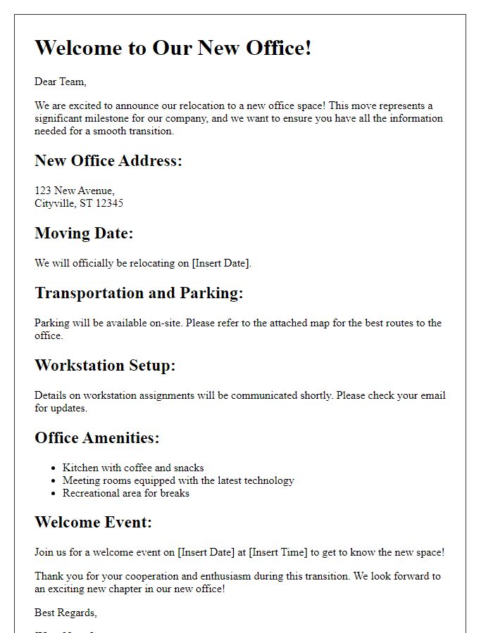 Letter template of company relocation welcome guide for new office