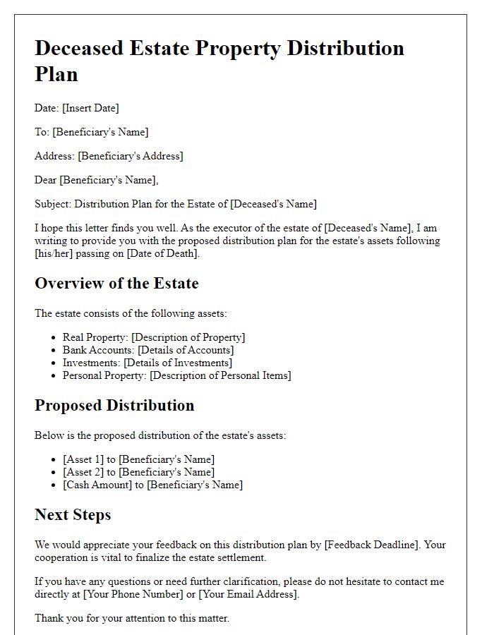 Letter template of deceased estate property distribution plan