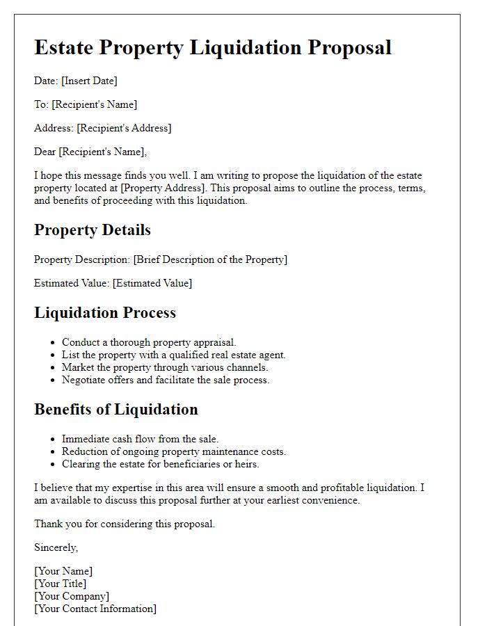 Letter template of estate property liquidation proposal