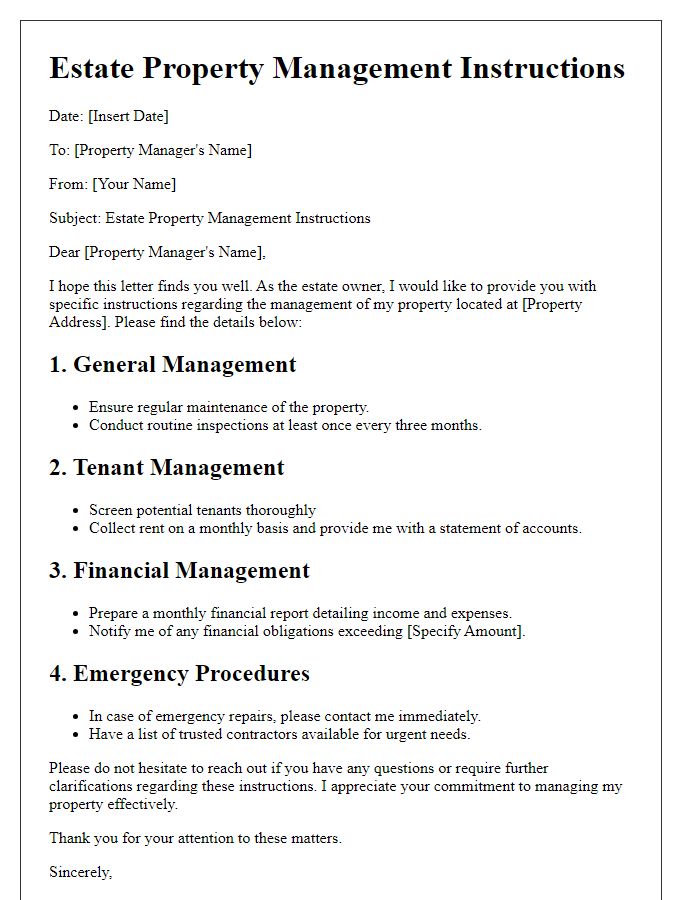 Letter template of estate property management instructions