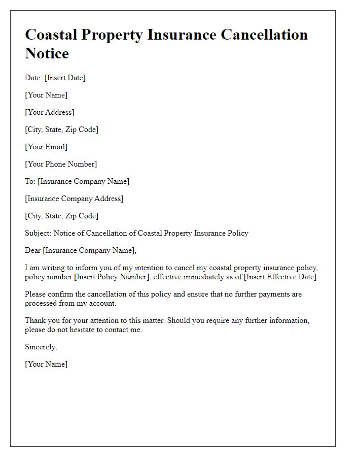 Letter template of coastal property insurance cancellation notice.