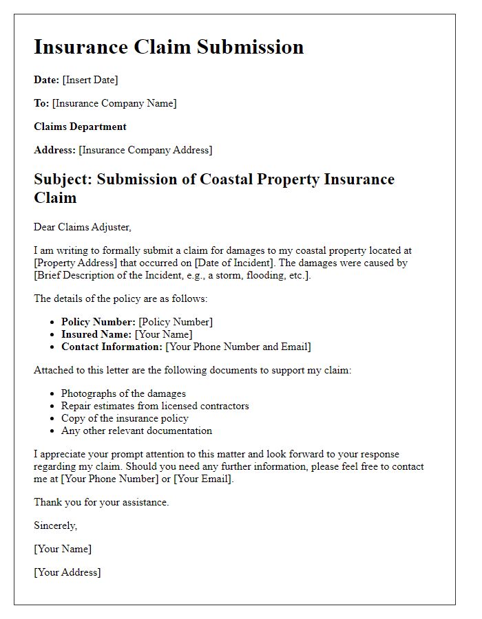 Letter template of coastal property insurance claims submission.