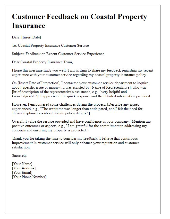 Letter template of coastal property insurance customer service feedback.