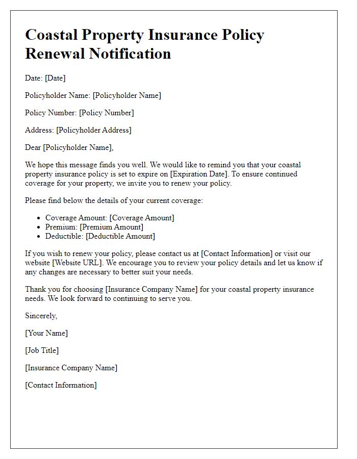 Letter template of coastal property insurance policy renewal notification.