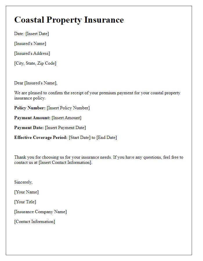 Letter template of coastal property insurance premium payment confirmation.