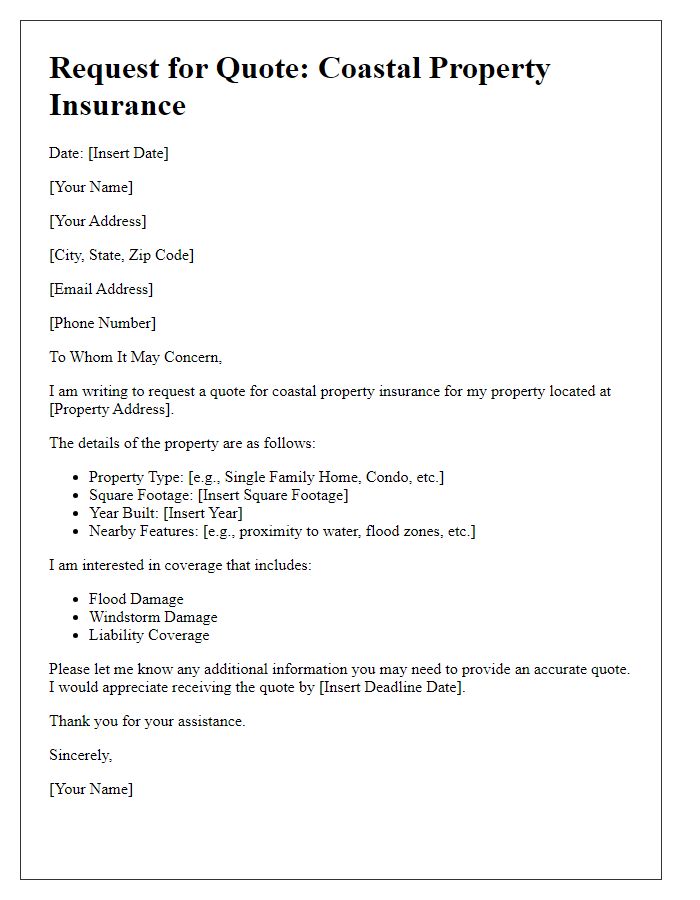 Letter template of coastal property insurance request for quotes.