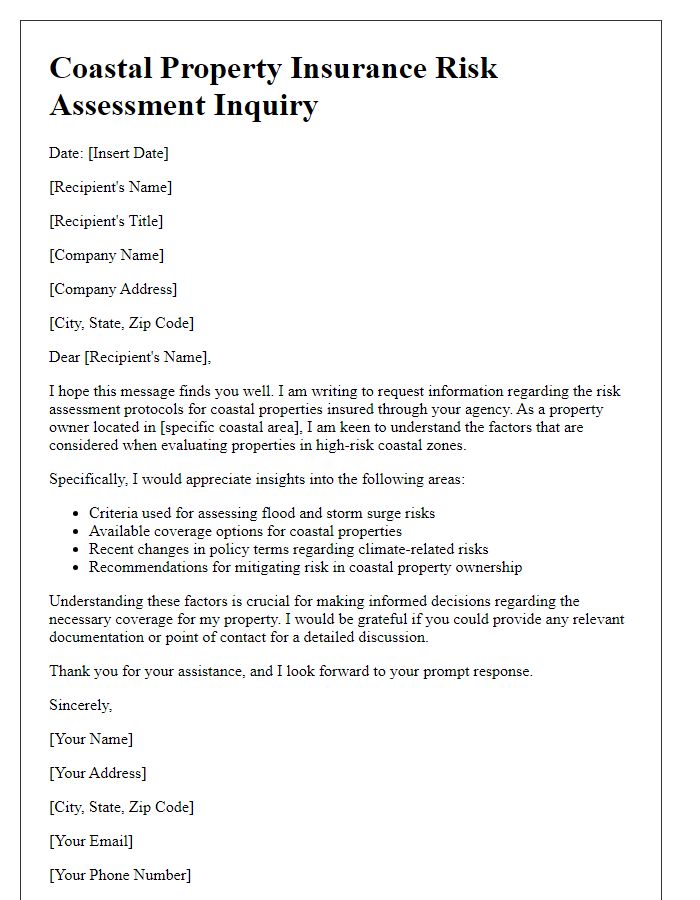 Letter template of coastal property insurance risk assessment inquiry.