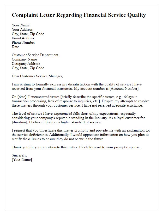 Letter template of complaint regarding financial service quality.