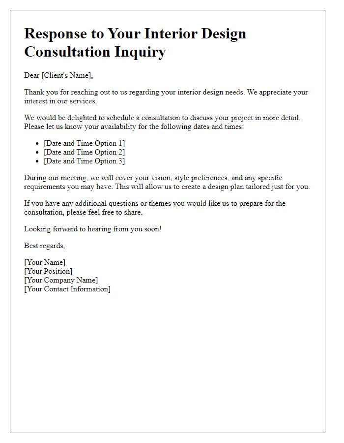 Letter template of interior design consultation inquiry response