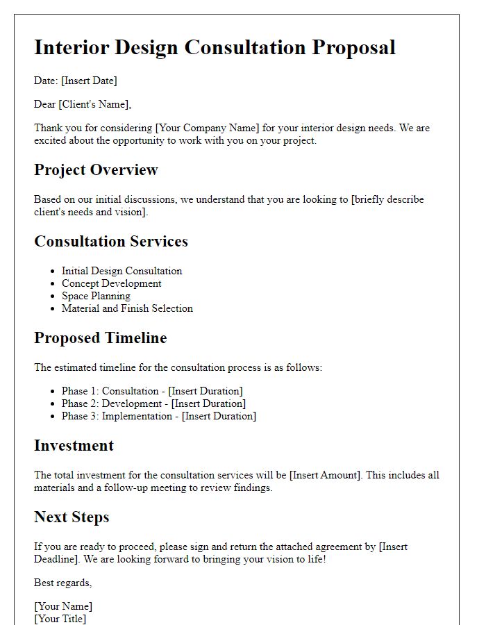 Letter template of personalized interior design consultation proposal