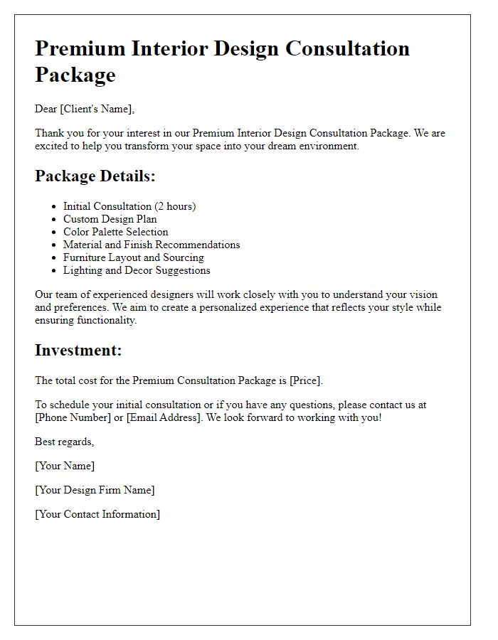 Letter template of premium interior design consultation package