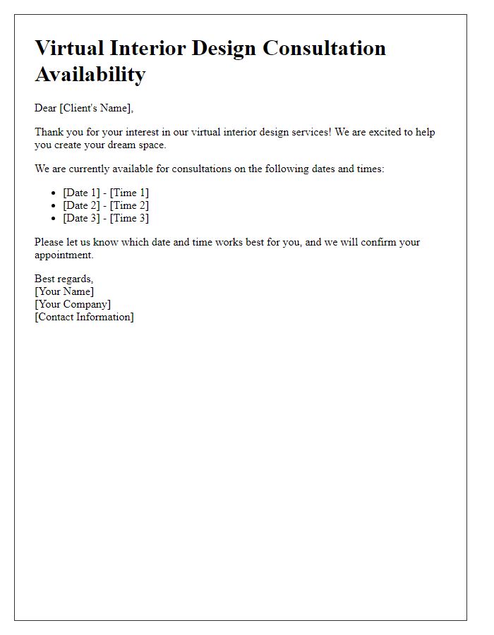 Letter template of virtual interior design consultation availability