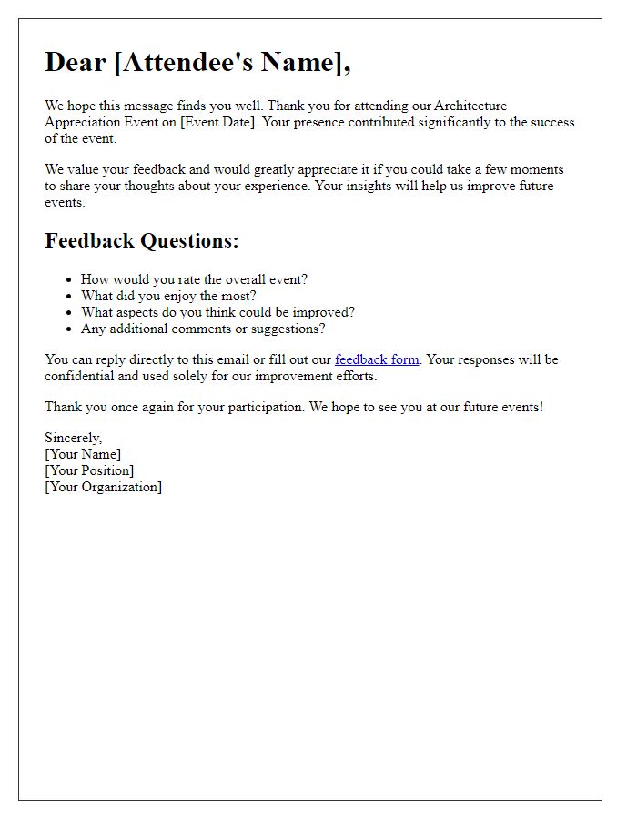 Letter template of feedback request for architecture appreciation event attendees.