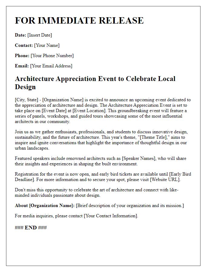 Letter template of press release for architecture appreciation event.