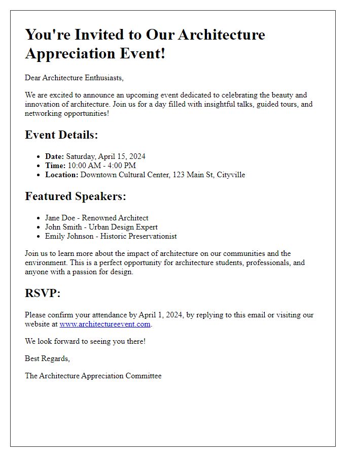 Letter template of program announcement for architecture appreciation event.